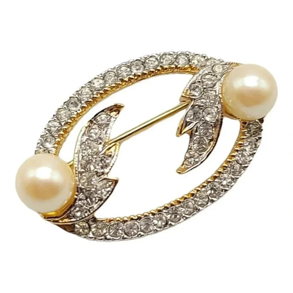 Clear Rhinestone Faux Pearl Infinity Wreath High End Vintage Brooch Gold Tone - Picture 2 of 4